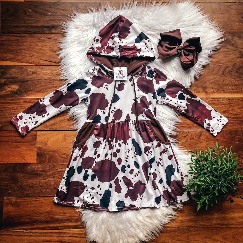NWT: Wellie Kate Cowlicious! Hooded Cow Print Girls Twirl Dress with Pockets